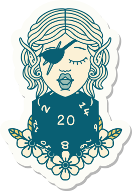 Bir insan tarafından çizilmiş doğal yirmi zarlı düzenbaz bir elf karakterinin çıkartması.