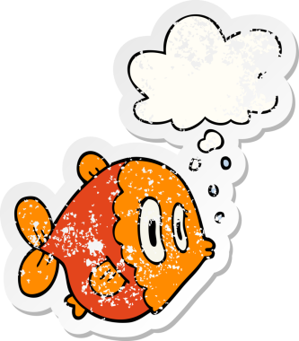 Düşünce baloncuklu karikatür balığı insan tarafından çizilmiş yıpranmış bir çıkartma gibi.