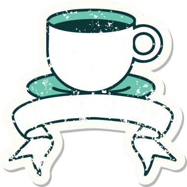 Bir insan tarafından çizilmiş bir fincan kahvenin pankartıyla eski bir etiket.