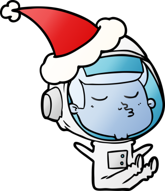 Bir insan tarafından çizilmiş Noel Baba şapkası giyen kendinden emin bir astronotun el çizimi çizimi.
