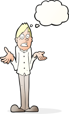 Bir insan tarafından çizilmiş düşünce baloncuğuyla omuzlarını silkeleyen çizgi film adamı.