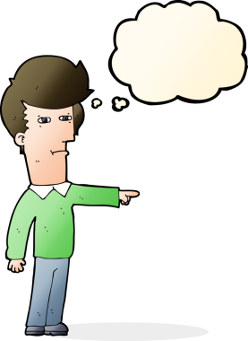 Bir insan tarafından çizilen düşünce baloncuğuyla suçlanan çizgi film adamı.