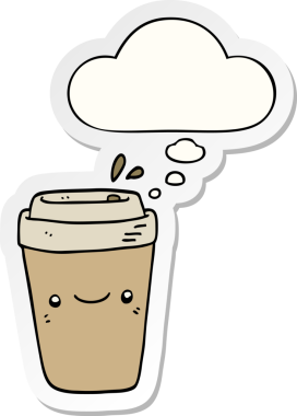 Düşünce baloncuklu çizgi film kahve. Bir insan tarafından çizilmiş çıkartma.