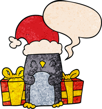 Bir insan tarafından çizilmiş geçmişe dönük konuşma baloncuğu olan sevimli noel pengueni.