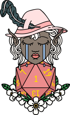 Retro Dövme Tarzı Ağlayan Elf Ozan Karakteri Bir insan tarafından çizilmiş doğal D20 rulo