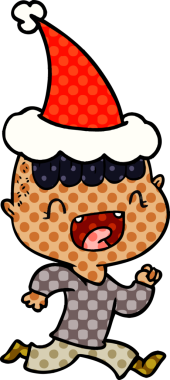 Bir insanın çizdiği Noel Baba şapkasıyla kaçan mutlu bir çocuğun el çizimi çizgi roman tasviri.