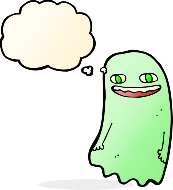 Bir insan tarafından çizilmiş düşünce baloncuklu komik çizgi film hayaleti.