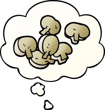 Bir insan tarafından çizilmiş yumuşak eğimli düşünce baloncuklu doğranmış mantarlar.