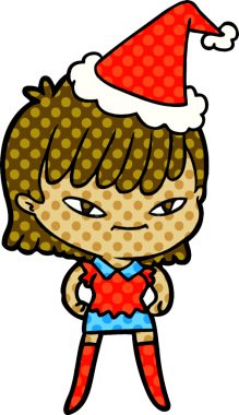 Bir insan tarafından çizilmiş Noel Baba şapkası giyen bir kadının el çizimi çizgi roman tarzı çizimi.