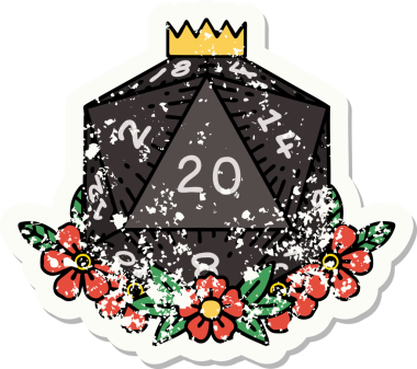 Bir insan tarafından çizilmiş çiçek elementleriyle 20 D20 zarının grunge sticker 'ı.