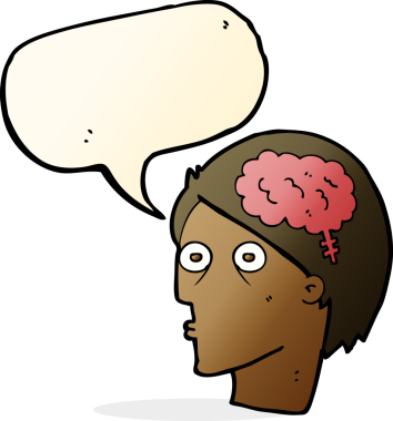 Bir insan tarafından çizilmiş, beyin sembollü çizgi film kafası.