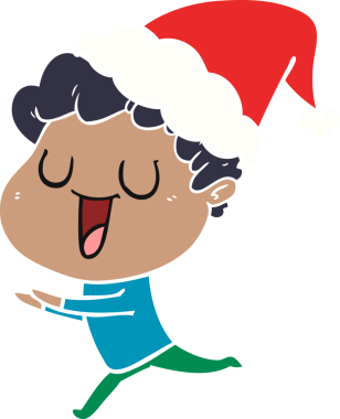 Gülen el çizimi düz renk çizimi. Bir insan tarafından çizilmiş Noel Baba şapkası takan bir adam.