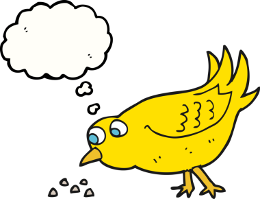 Düşünce baloncuğu karikatür kuşunun insan tarafından çizilmiş tohumları gagalaması.