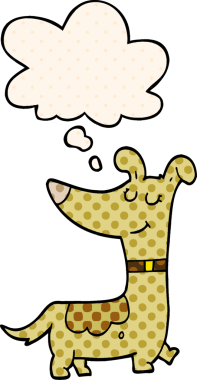 Çizgi roman tarzında bir insan tarafından çizilmiş düşünce balonu olan çizgi film köpeği.