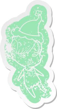 Bir insan tarafından çizilmiş Noel Baba şapkası takan şaşırmış bir kızın garip karikatürü.