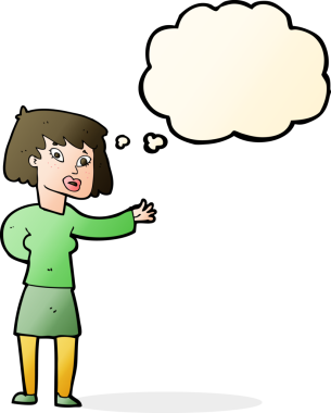 Bir insan tarafından çizilen düşünce baloncuğuyla açıklayan çizgi film kadını.