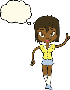 Bir insan tarafından çizilen düşünce baloncuğuyla nokta koyan çizgi film kadını.