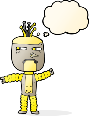 Bir insan tarafından çizilmiş düşünce baloncuklu çizgi film robotu.