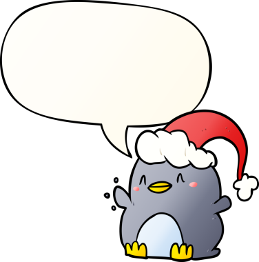 Karikatür pengueni Noel şapkası takıyor ve konuşma baloncuğu bir insan tarafından çizilmiş.