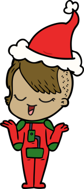 Mutlu el çizimi çizimi uzay elbisesi içindeki bir kız Noel Baba şapkası giymiş bir insan tarafından çizilmiş.