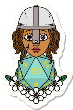 İnsan dövüşçüsünün çıkartması. Bir insan tarafından çizilmiş 20 D20 zarlı.