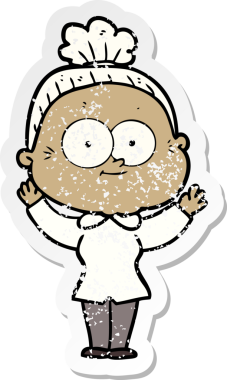 Bir insan tarafından çizilmiş mutlu, yaşlı bir kadının sıkıntılı çıkartması.