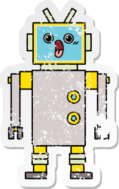 Bir insan tarafından çizilmiş sevimli bir robot çizgi film çıkartması.