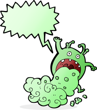 Bir insan tarafından çizilen konuşma baloncuğuyla hasta olan iğrenç bir canavar.