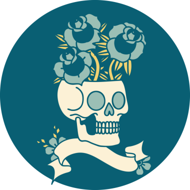 bir insan tarafından çizilmiş kafatası ve güller ile dövme tarzı simgesi