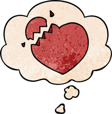 Kırık kalp çizgi filmi, bir insan tarafından çizilmiş grunge dokuma tarzıyla düşünce baloncuğu.