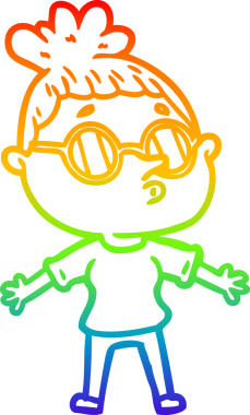 Bir insan tarafından çizilmiş güneş gözlüğü takan çizgi film kadını çizimi.