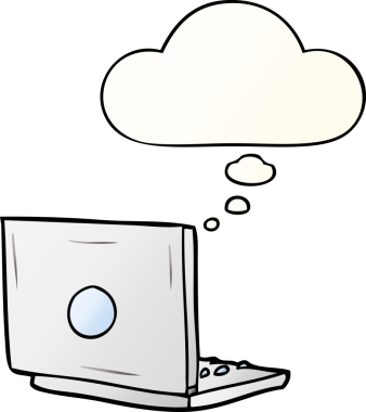 Bir insan tarafından çizilmiş, düşünce baloncuklu çizgi film dizüstü bilgisayarı.