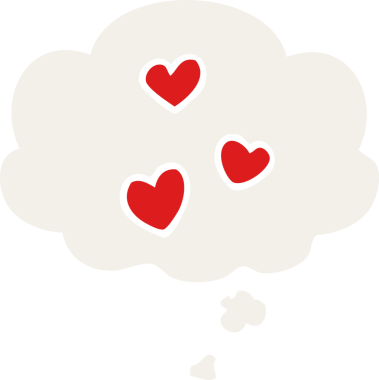 insan tarafından çizilmiş düşünce baloncuklu karikatür aşk kalbi.