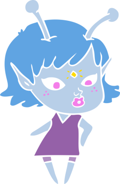 Bir insan tarafından çizilmiş düz renk çizgi film uzaylı kızı.