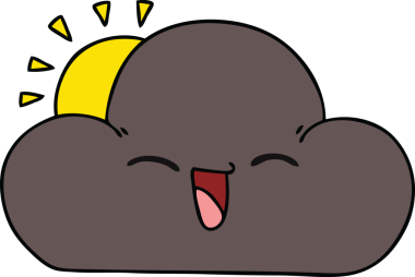 Bir insan tarafından çizilmiş garip bir çizgi film güneşi ve mutlu fırtına bulutu.