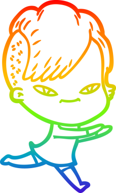 Gökkuşağı gradyan çizimi. Hipster saç kesimi bir insan tarafından çizilmiş şirin bir çizgi film kızı.