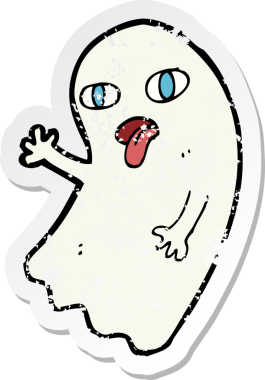 Bir insan tarafından çizilmiş komik bir karikatür hayaletinin gerilmiş çıkartması.