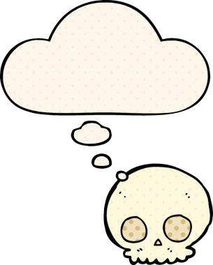 Çizgi roman tarzında bir insan tarafından çizilmiş düşünce baloncuklu bir kafatası.