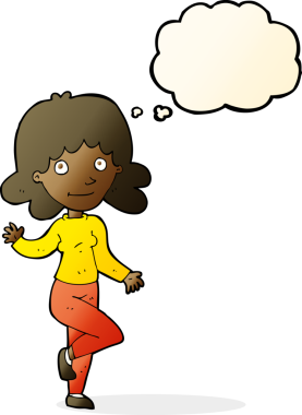 Karikatür dostu kadın bir insan tarafından çizilmiş düşünce balonuyla el sallıyor.