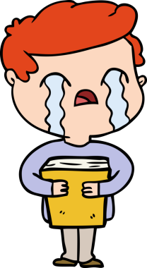 Çizgi filmci, elinde bir insan tarafından çizilmiş bir kitapla ağlıyor.