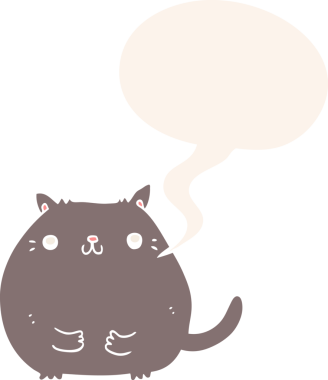 Konuşma baloncuğu olan çizgi film kedisi insan tarafından çizilmiş.