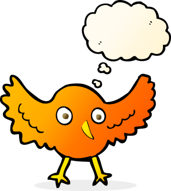 Bir insan tarafından çizilmiş düşünce baloncuklu çizgi film kuşu.