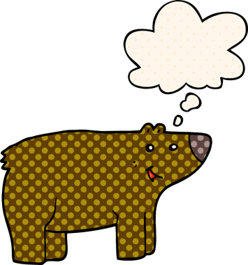 Çizgi roman tarzında bir insan tarafından çizilmiş düşünce kabarcığı olan çizgi film ayısı.