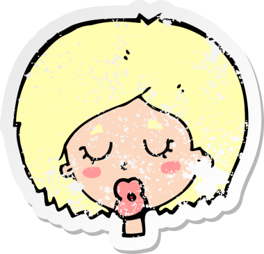 Bir insan tarafından çizilmiş gözleri olan karikatürlü bir kadının retro sıkıntılı çıkartması.