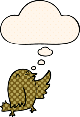 Çizgi roman tarzında düşünce baloncuğu olan çizgi film kuşu insan tarafından çizilmiş.