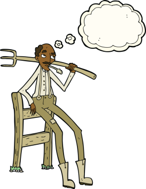 Çizgi film yaşlı çiftçi bir insan tarafından çizilmiş düşünce balonuyla çitlere yaslanıyor.