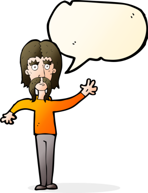 Bir insan tarafından çizilmiş konuşma balonlu bıyıklı bir çizgi film adamı.