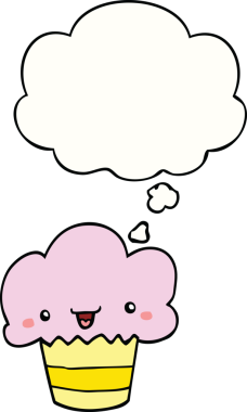 Bir insan tarafından çizilmiş, yüzü düşünce baloncuğu olan bir kek.