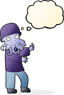 Bir insan tarafından çizilmiş düşünce balonlu canavar adam.