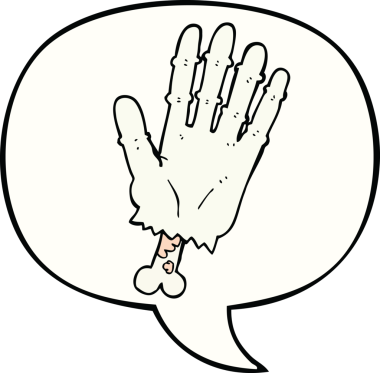 Bir insan tarafından çizilmiş konuşma baloncuklu zombi eli.